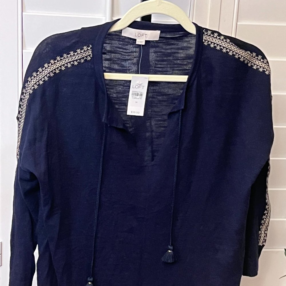 NWT LOFT Navy  Tassel Tie Neck Tunic Sweater-M
